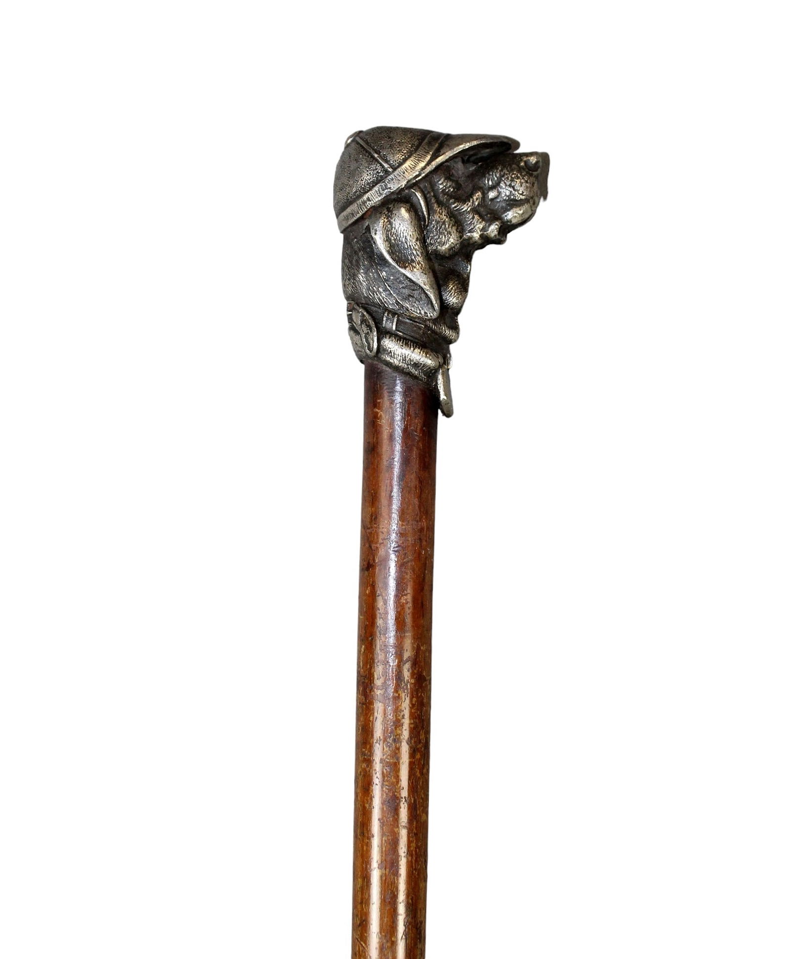 French Napoleon III oak walking stick cane with silverplate dog with cap (1 of 7)