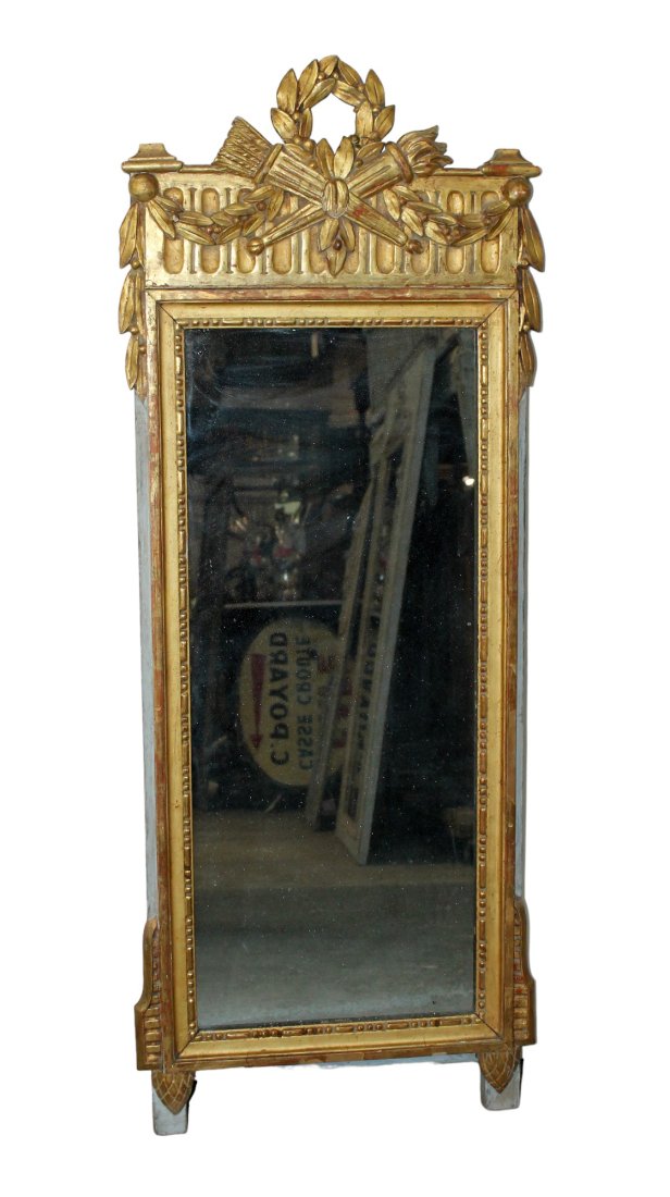 French Louis XVI partial gold leaf mirror with wreath, torch and quiver (1 of 10)