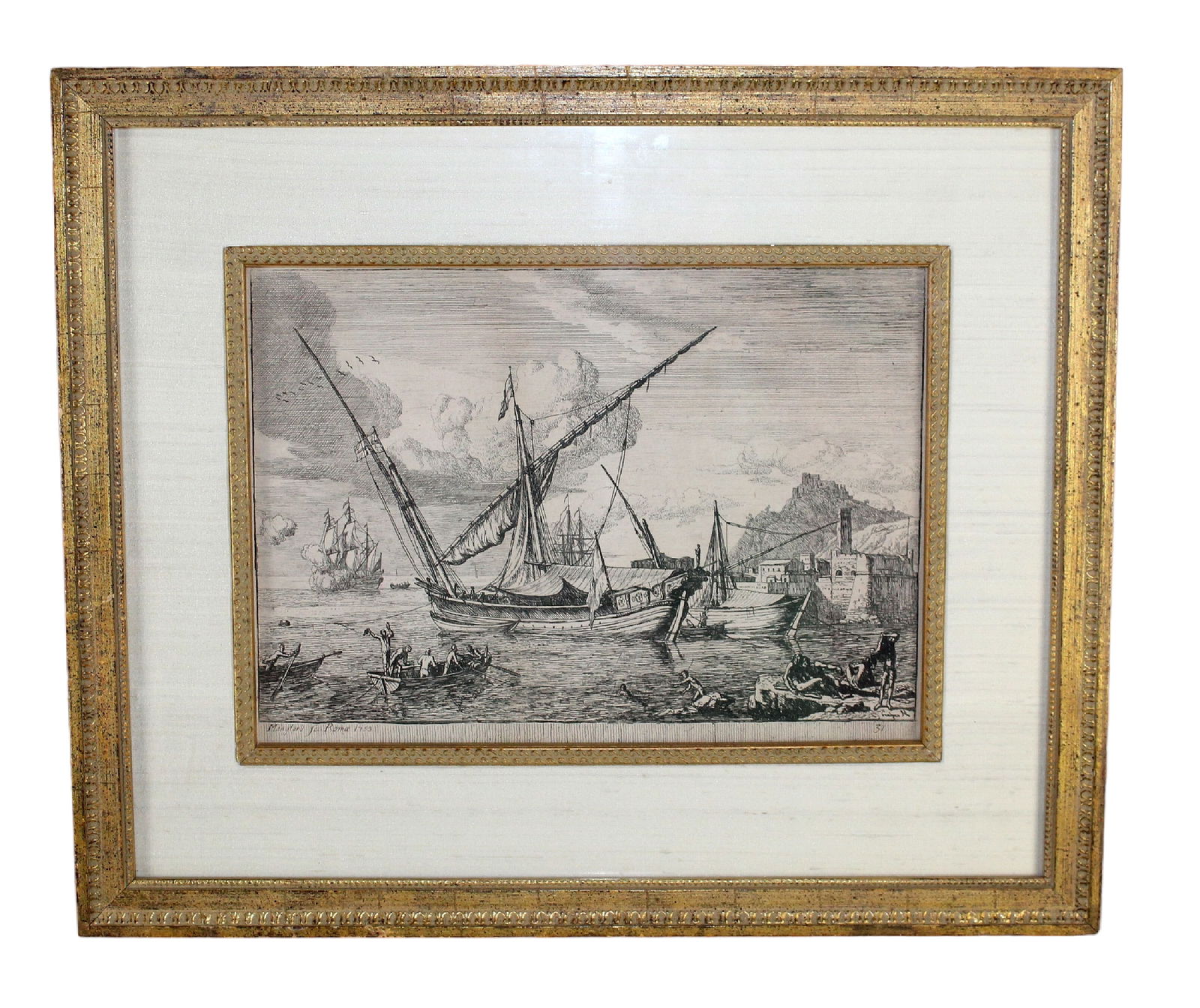 Adrien Manglard etching Le Plein mer avec deux vaisseaux fec Roma 1753: Adrien Manglard (1695-1760) etching Le Plein mer avec deux vaisseaux fec Roma 1753. Overall: 15 5/8"h x 18 5/8"w Sight size: 8 5/8"h x 12"w