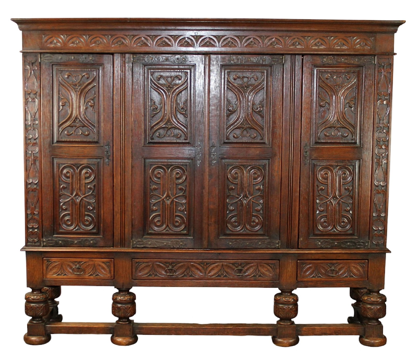 Renaissance style relief carved oak 4 door cabinet (1 of 10)
