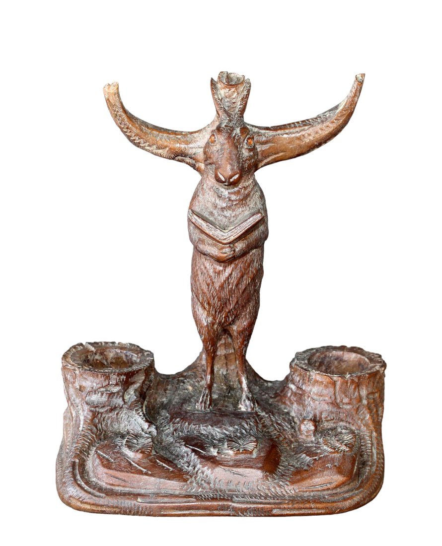 Black Forest carved walnut desk top inkwell with rabbit reading book (1 of 9)