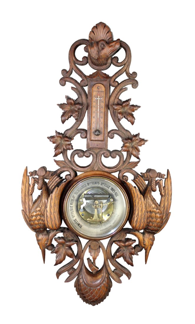 Black Forest carved walnut wall mount barometer with game (1 of 10)