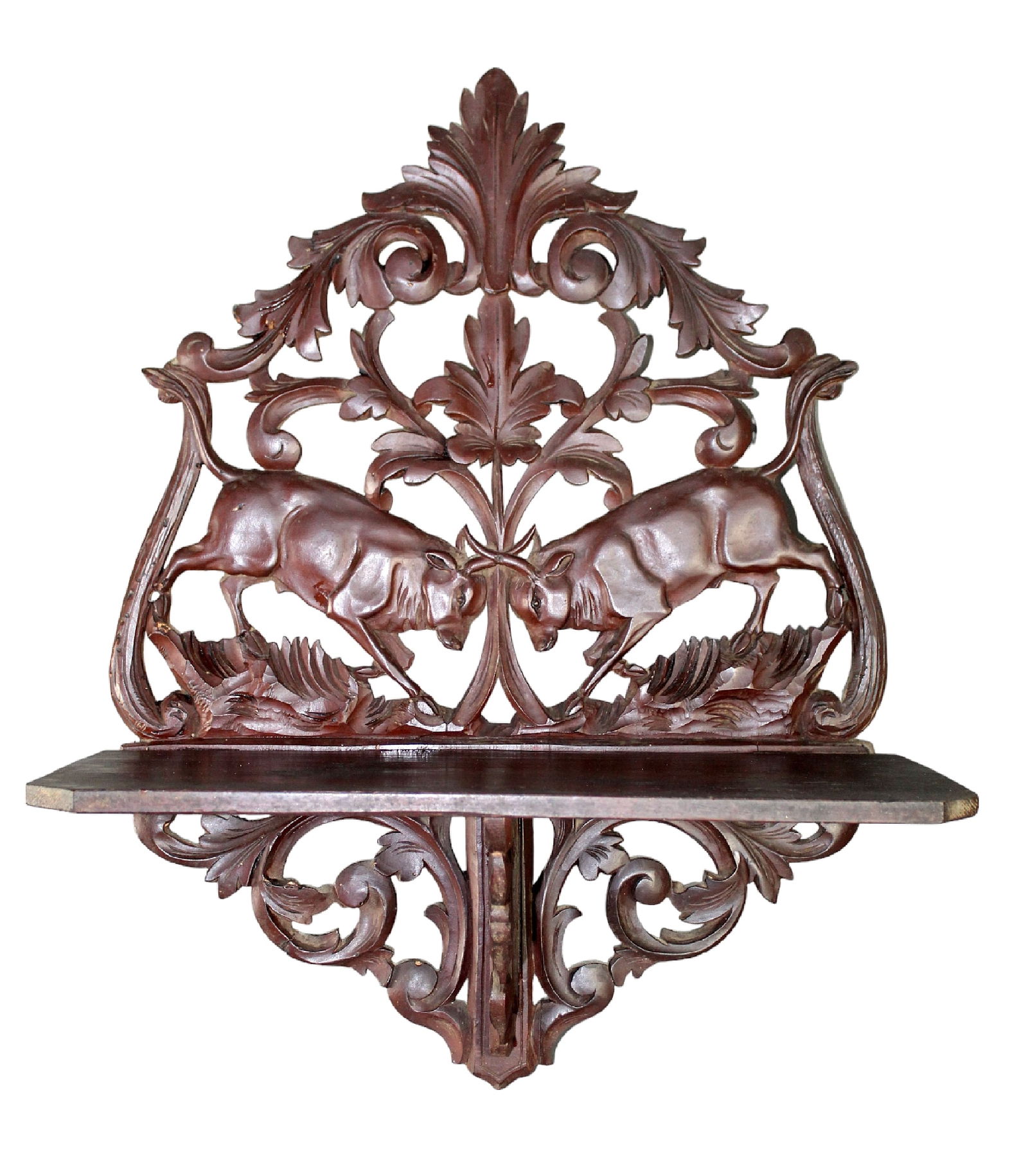 Black Forest folding wall shelf pierce carved with bulls (1 of 10)