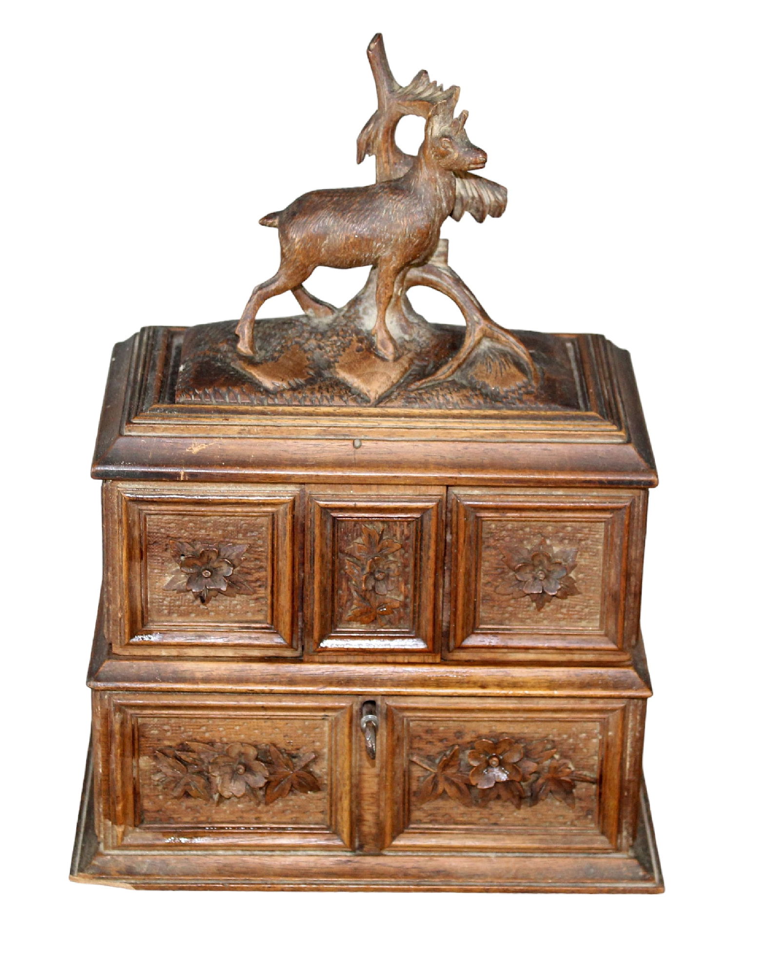 French Black Forest dresser box in walnut with carved antelope (1 of 13)