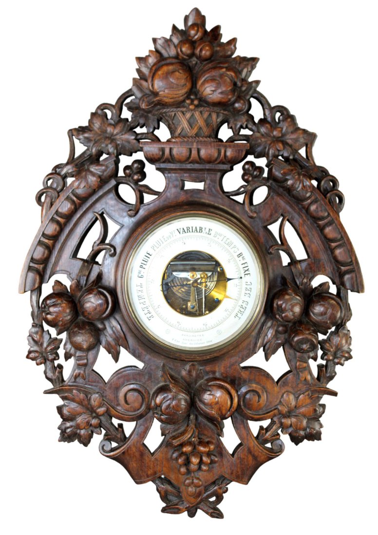 French wall mount barometer in oak with relief carved fruit (1 of 11)
