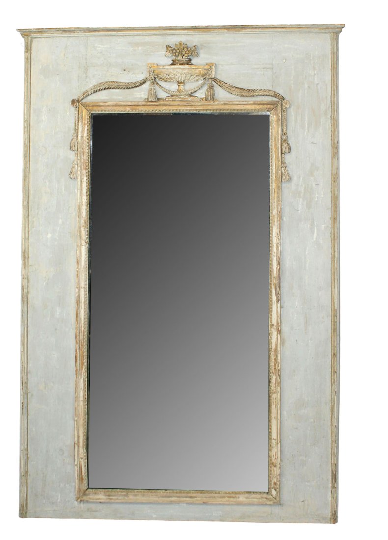 French Louis XVI trumeau mirror with classical flowering urn, draped tassels and original 2 part (1 of 10)