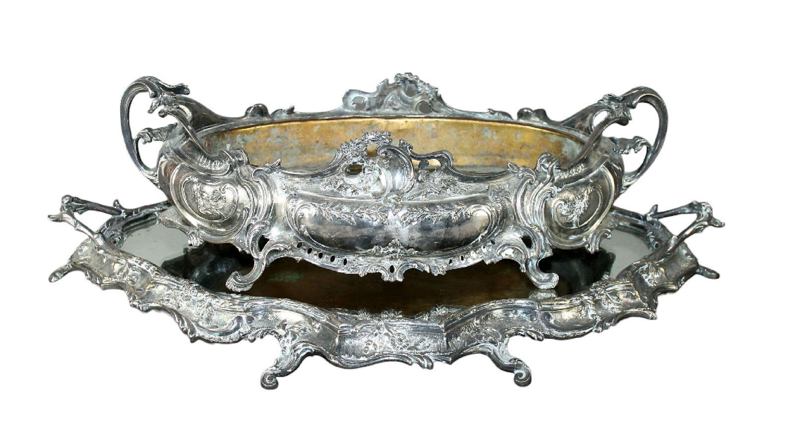 French Louis XV style silverplate centerpiece jardiniere on mirrored plateau tray (1 of 17)