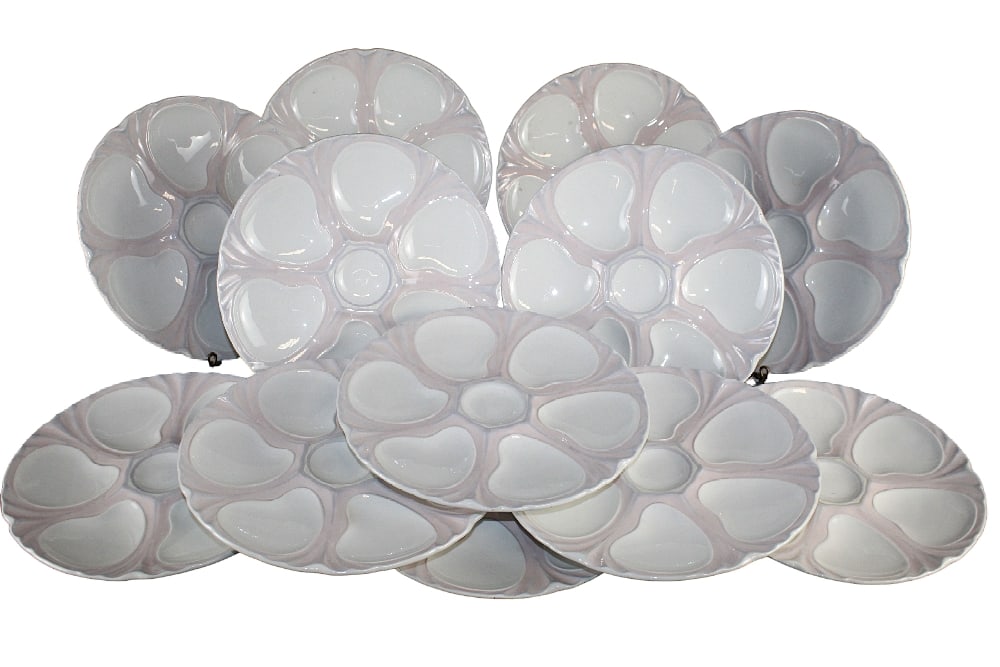 Lot of 12 French Longwy porcelain oyster plates (1 of 13)