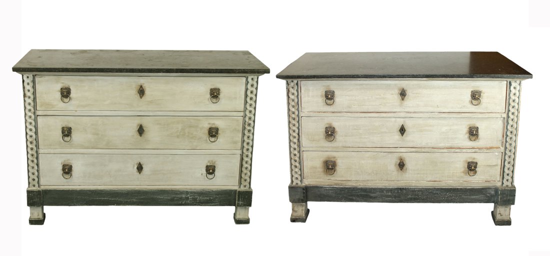 Companion pair of French Empire commodes with painted finish and marble top: Companion pair of French Empire commodes with painted finish and marble top. Commodes are similar but not identical. 19th century. Each approx. 35"h x 50 7/8"w x 22 3/8"d