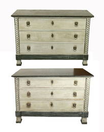 Companion pair of French Empire commodes with painted finish and marble top