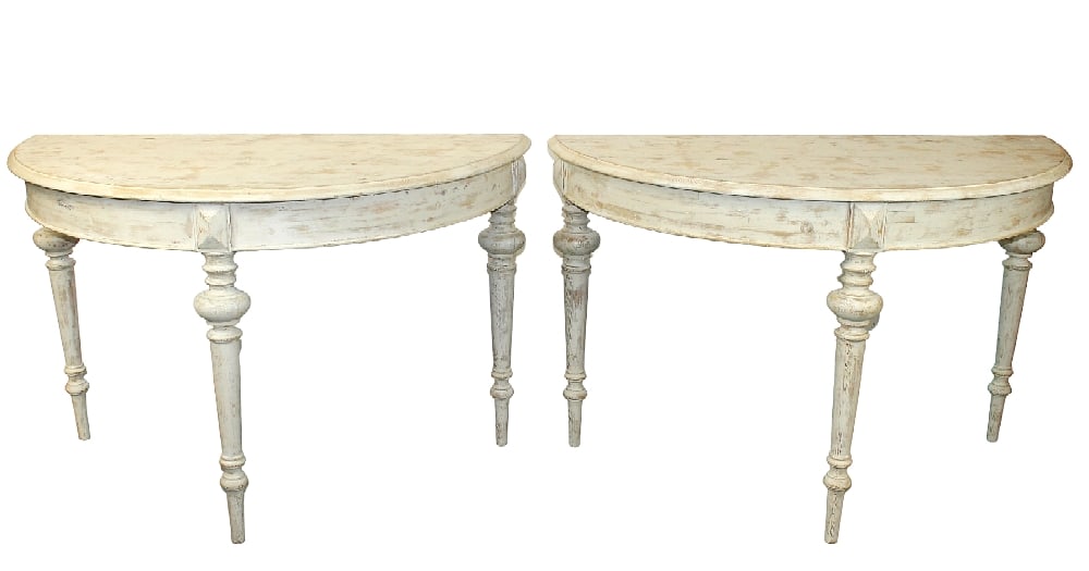 Pair of Swedish demi-lune console tables in pine (1 of 12)