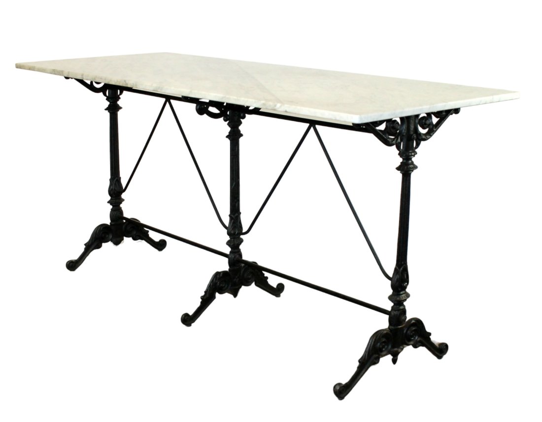 French cast iron triple pedestal bistro table with white marble top (1 of 11)