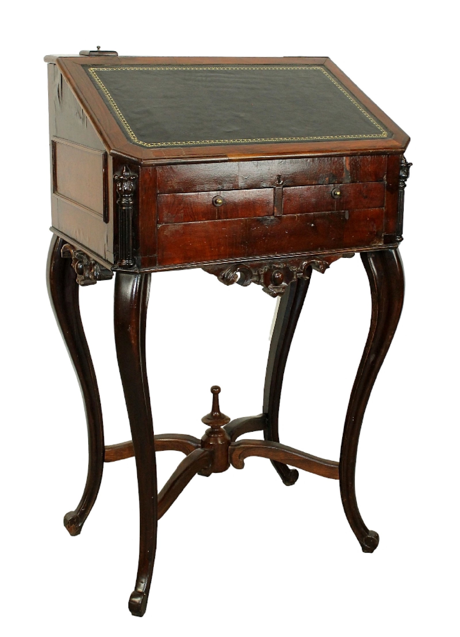 Rosewood Maitre'd stand with tooled leather slant top: Rosewood Maitre'd stand with tooled leather slant top. 19th century. 51"h x 30 1/2"w x 21"d