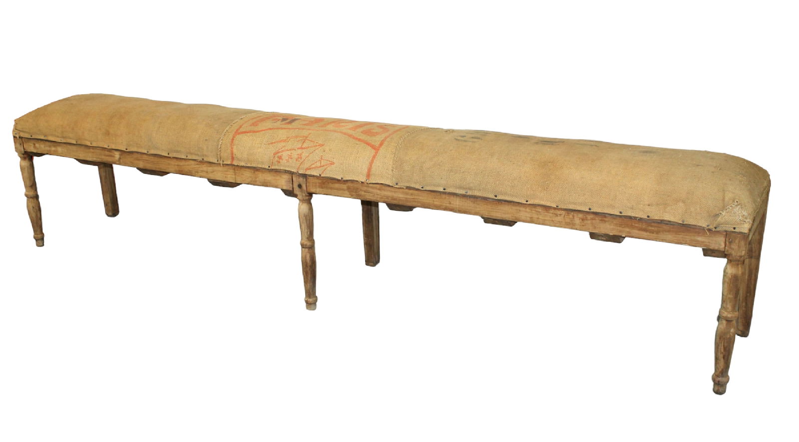 French long bistro bench with burlap upholstered top (1 of 9)