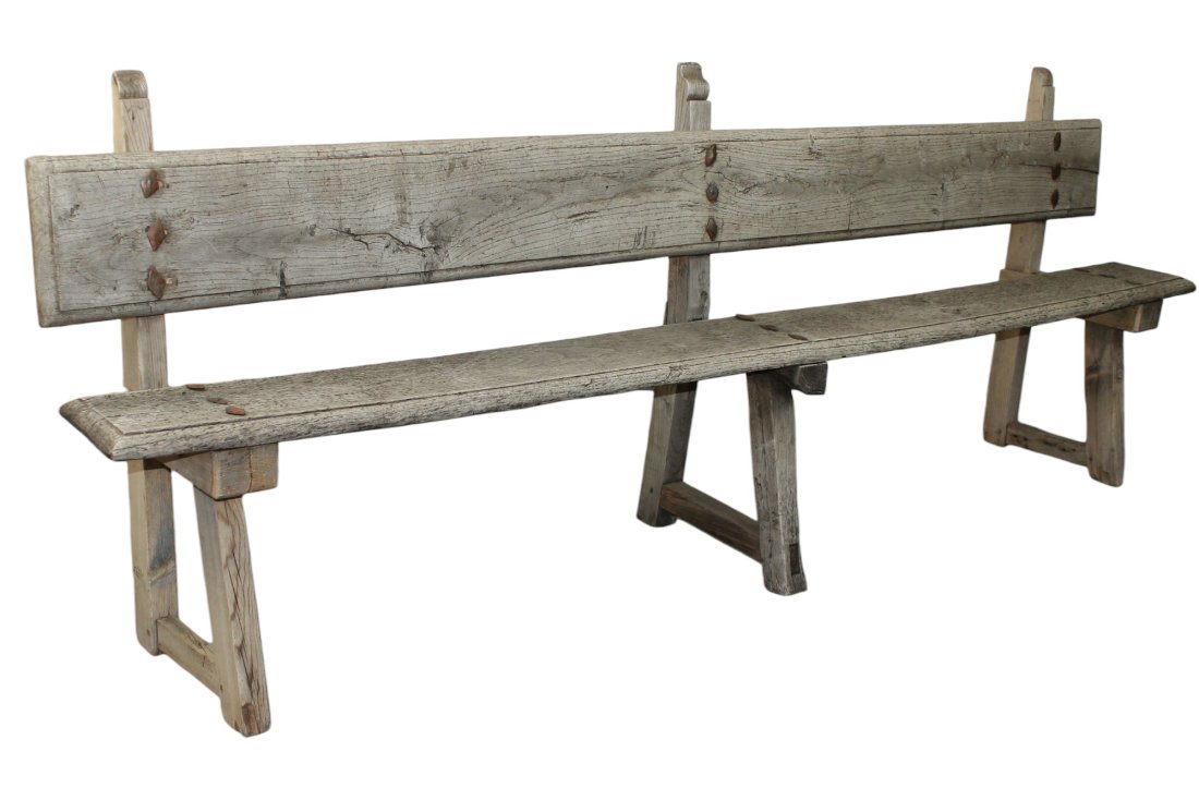 French train bench in weathered oak with iron studs (1 of 14)