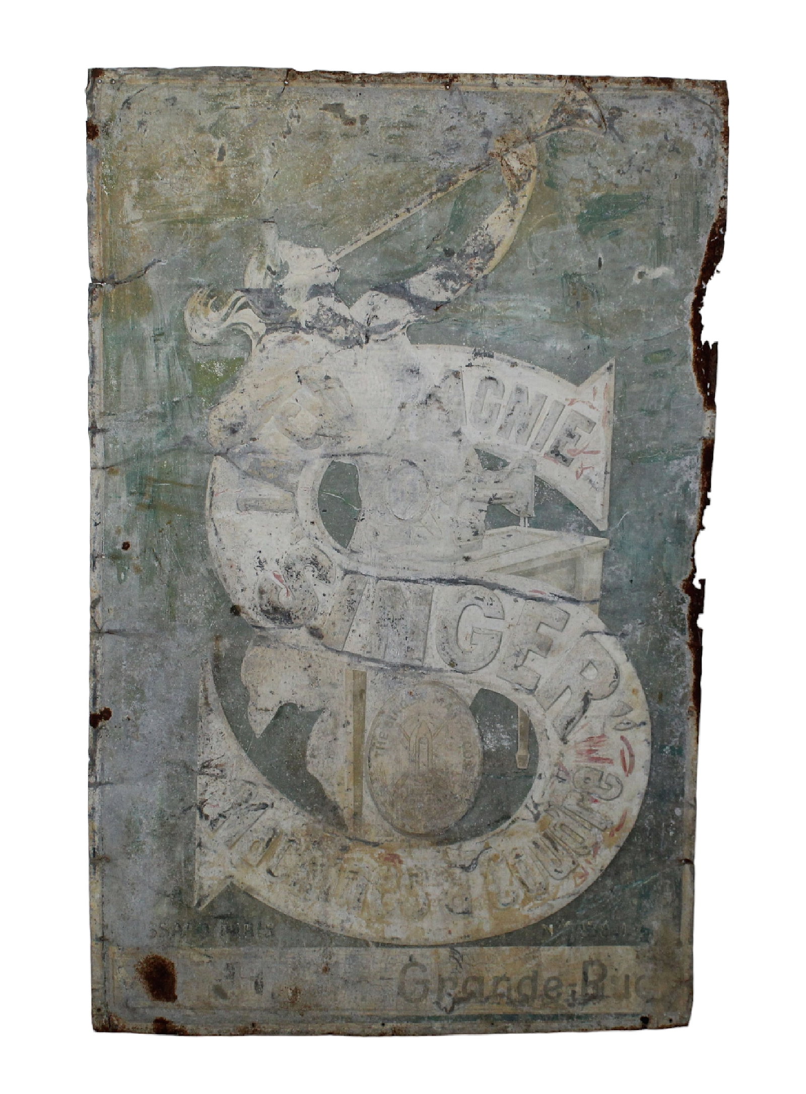 Rare French Singer advertising sign in zinc: Rare French Singer advertising sign in zinc. Early 20th century. 46 1/4"h x 29 1/2"w
