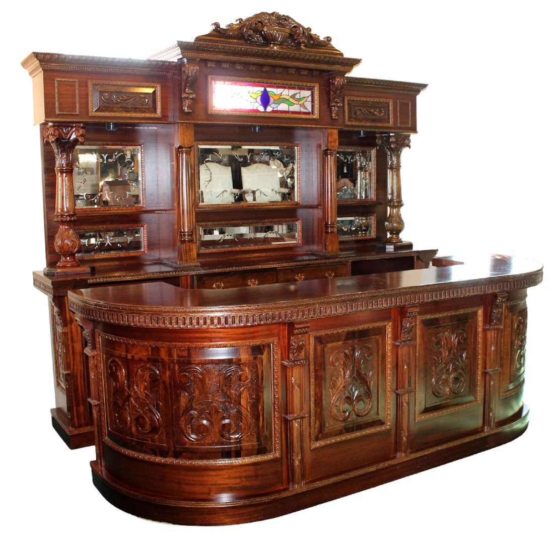 Carved mahogany front and back bar with etched mirrors (1 of 11)