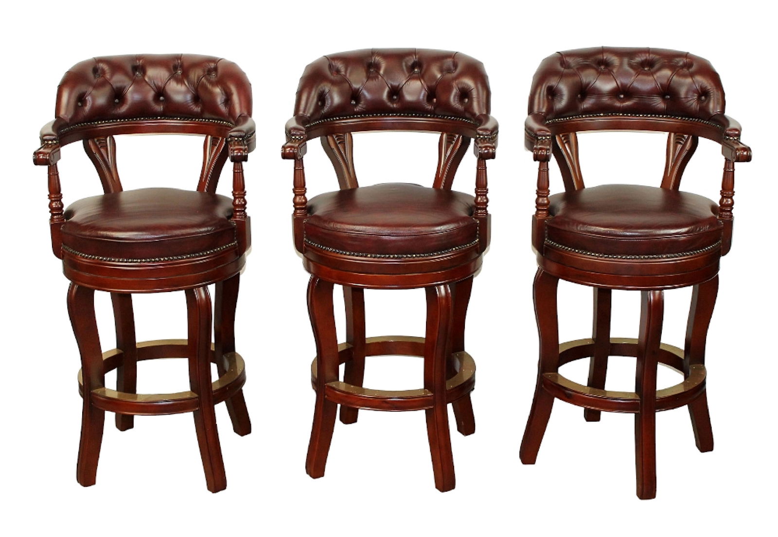 Set of 3 leather and mahogany swivel barstools (1 of 12)