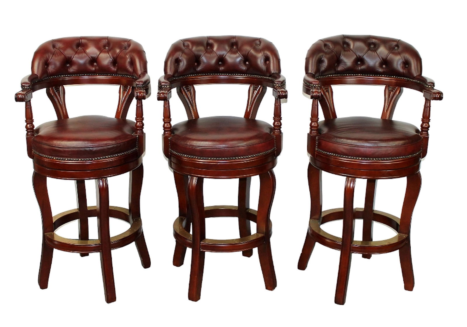 Set of 3 leather and mahogany swivel barstools (1 of 9)