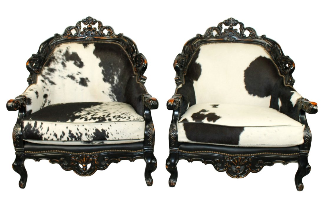 Pair of oversized Rococo style ebonized and carved bergères (1 of 10)