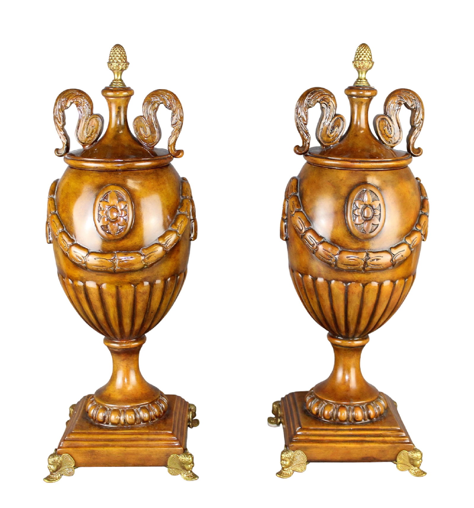 Pair of Maitland Smith carved wooden lidded urns: Pair of Maitland Smith carved wooden lidded urns 21 1/2"h x 7 3/4" sq. at base