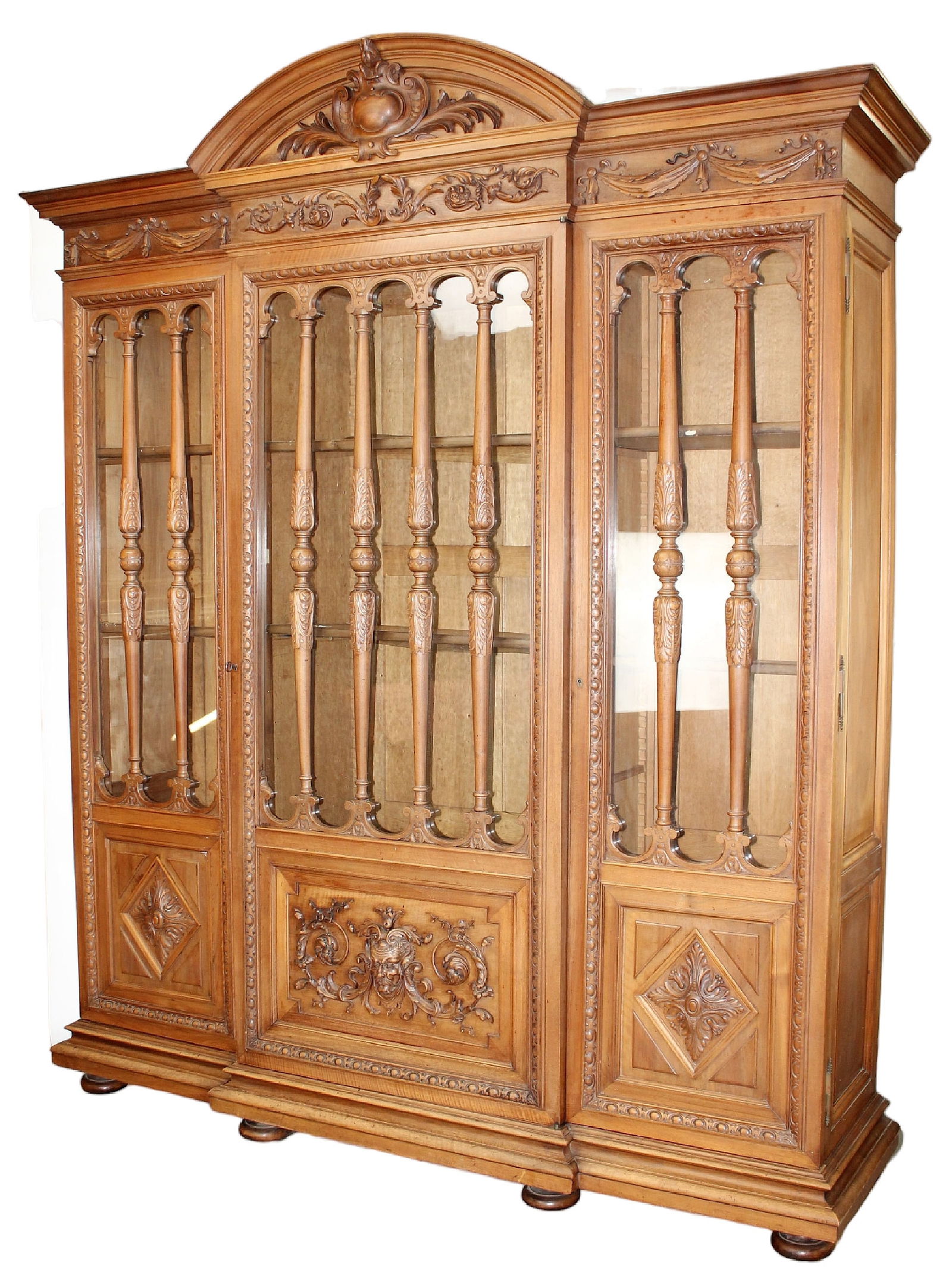 French walnut 3-door bookcase with figural mask (1 of 10)