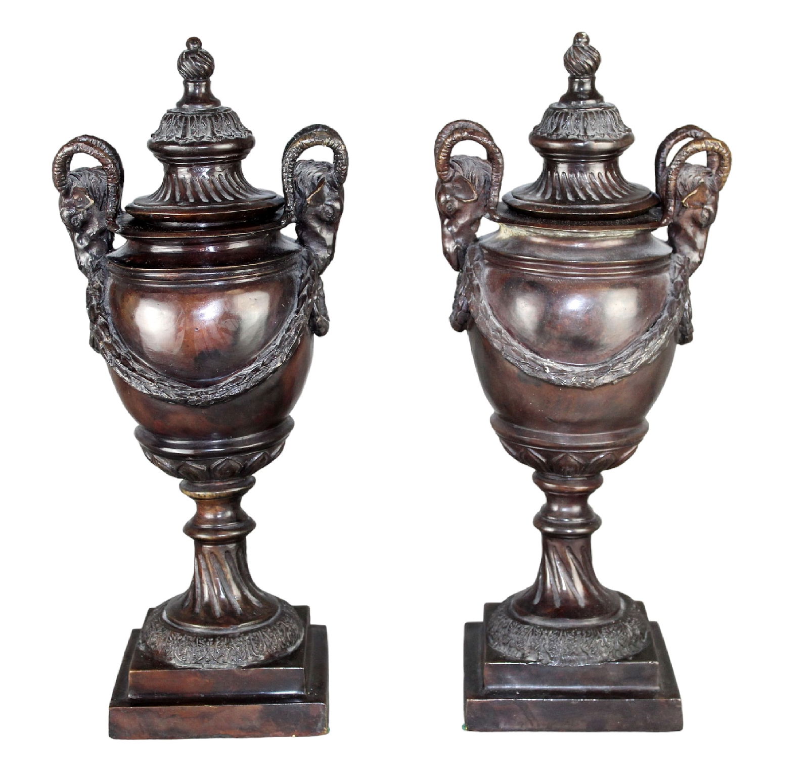 Pair of Maitland Smith bronze classical urns with ram heads (1 of 8)