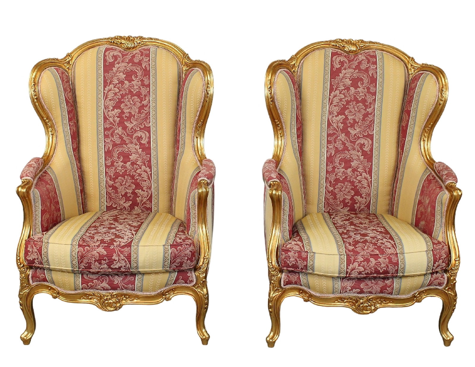 Pair of Louis XV style gilt wood bergère armchairs: Pair of Louis XV style gilt wood bergère armchairs. Late 20th century. 45 1/4"h x 29"w x 24"d, 17" seat height