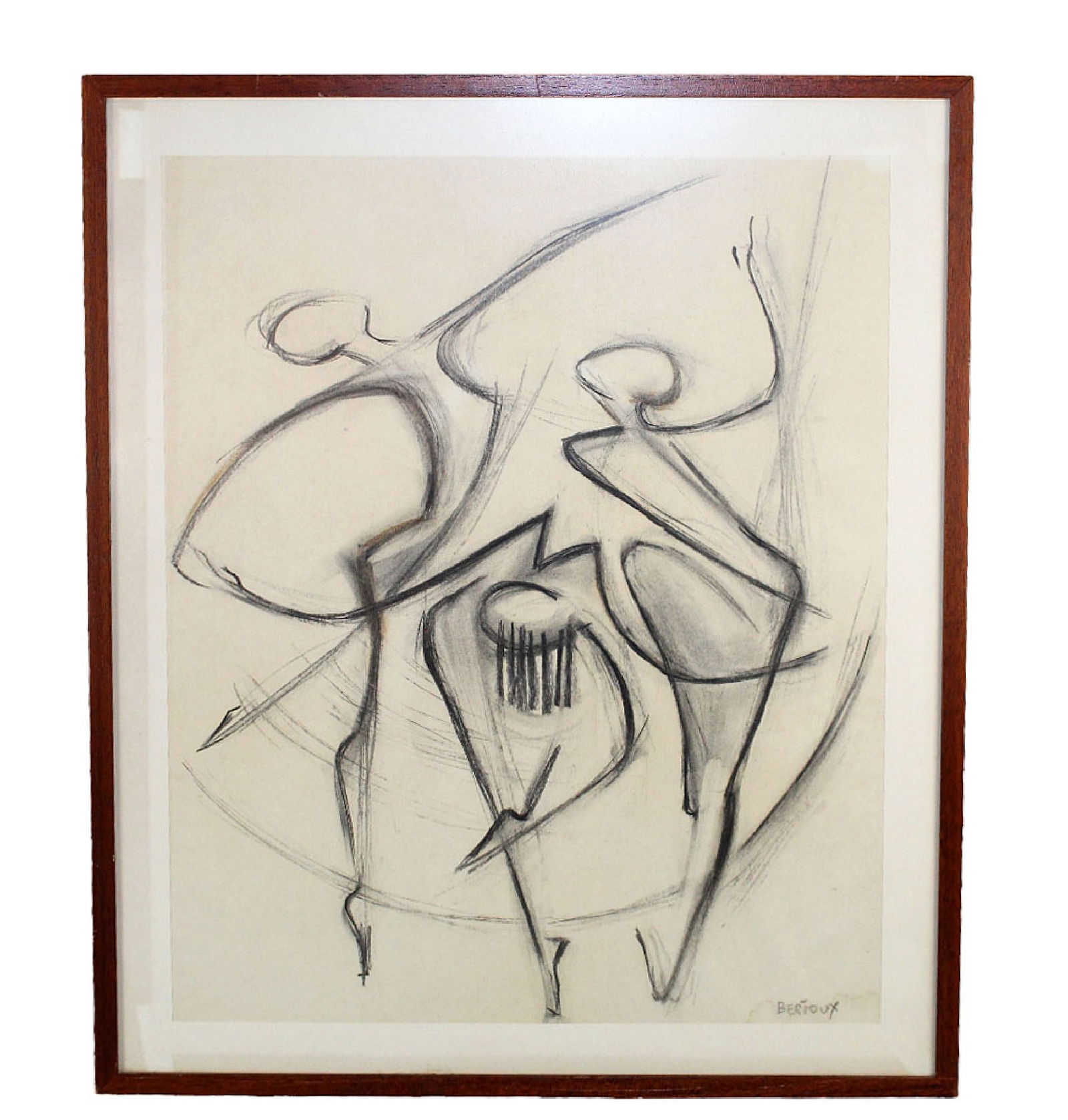 French abstract charcoal drawing on paper of 3 figures signed Bertoux (1 of 9)