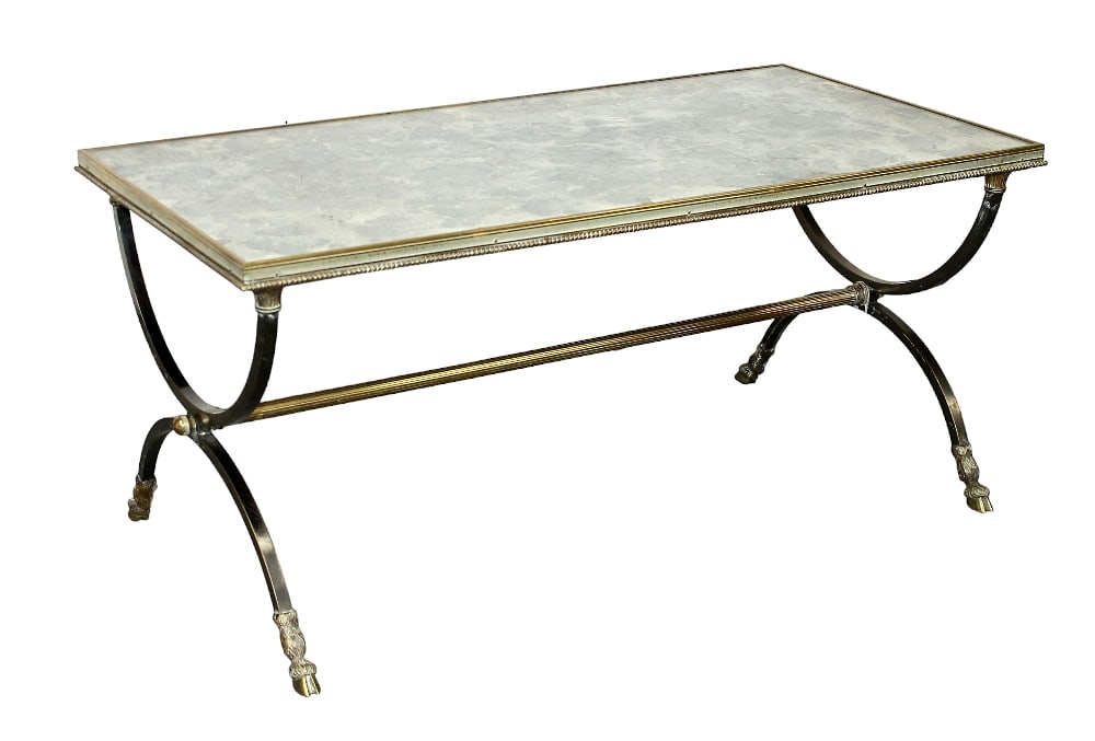 French Maison Jansen style stainless, brass & mirrored coffee table with hoof feet (1 of 8)