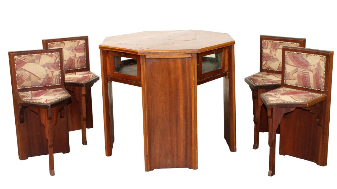 French Art Deco octagonal table with parquet top and 4 chairs index into table (1 of 17)