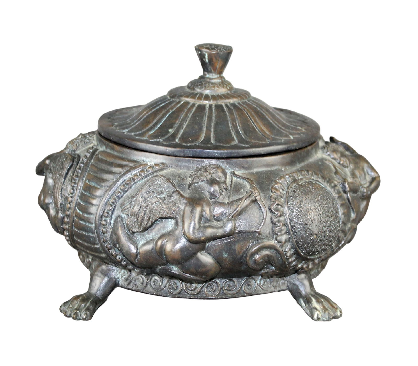 Lidded bronze urn with relief cherubs (1 of 8)