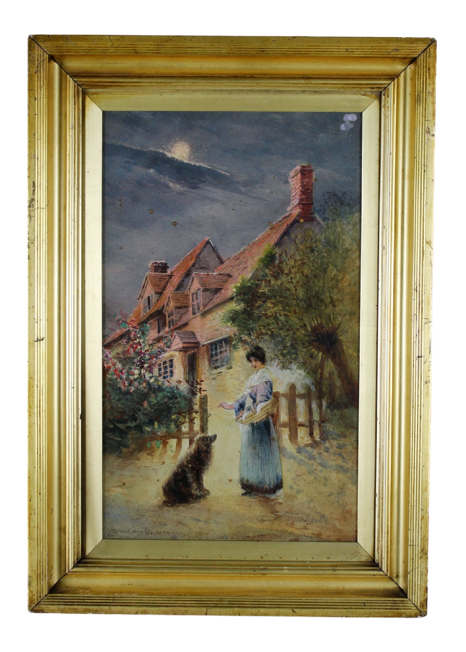 Robert Murdoch Wright (1889-1962 English) drawing of woman & dog in garden: Robert Murdoch Wright (act. 1889-1962 English) drawing of woman & dog in garden. Signed l/l Murdoch Wright 1904. Overall: 23"h x 16"w Site Size: 17 1/4"h x 10 1/4"w