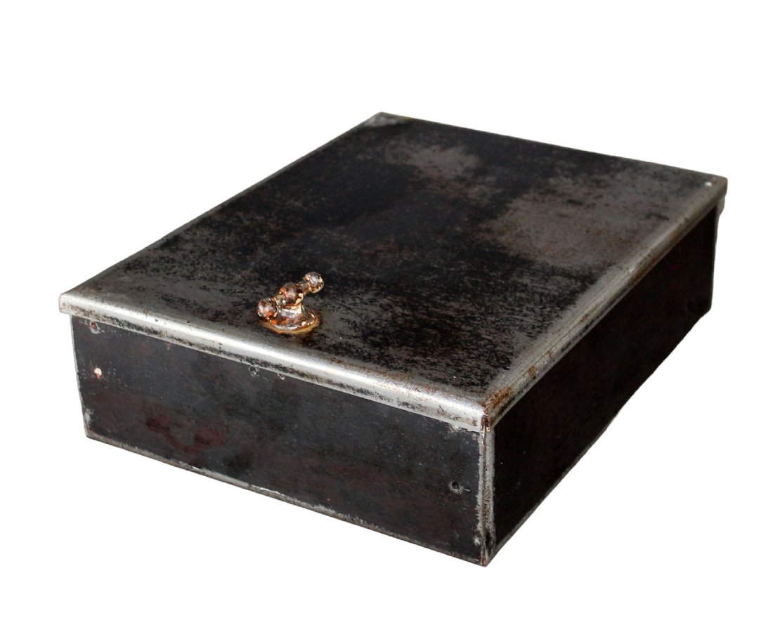 Antique American deposit or stash box in steel: Antique American deposit or stash box in steel with mirrored interior. Early 20th century. 6"h x 12 7/8"w x 16 1/2"d