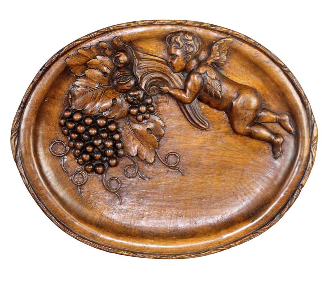 French relief carved walnut tray with cherub and grape vines (1 of 9)