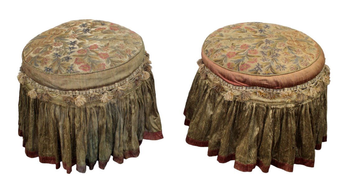 Pair of pouf skirted ottomans with French needlepoint tops (1 of 8)