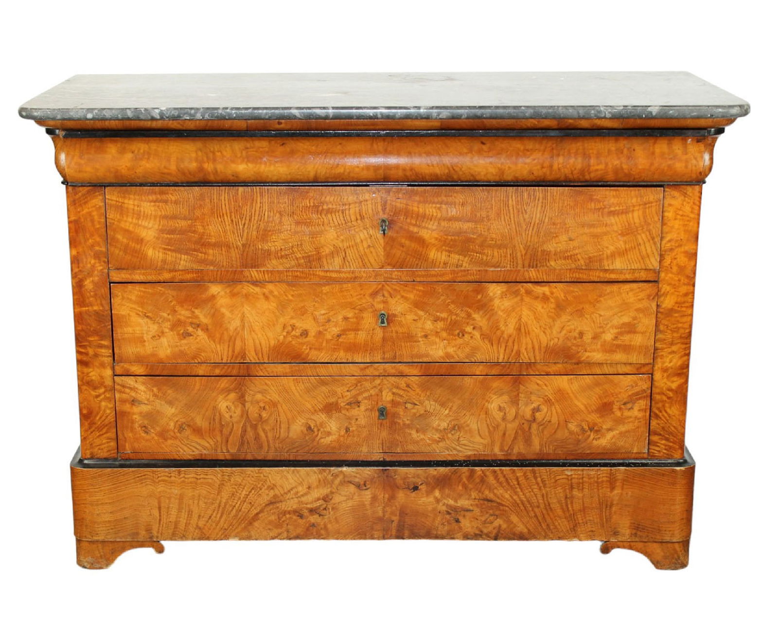 French Louis Philippe commode in burled elm with marble top: French Louis Philippe commode in burled elm with marble top. 19th century. 35 7/8"h x 51 1/8"w x 22 1/2"d