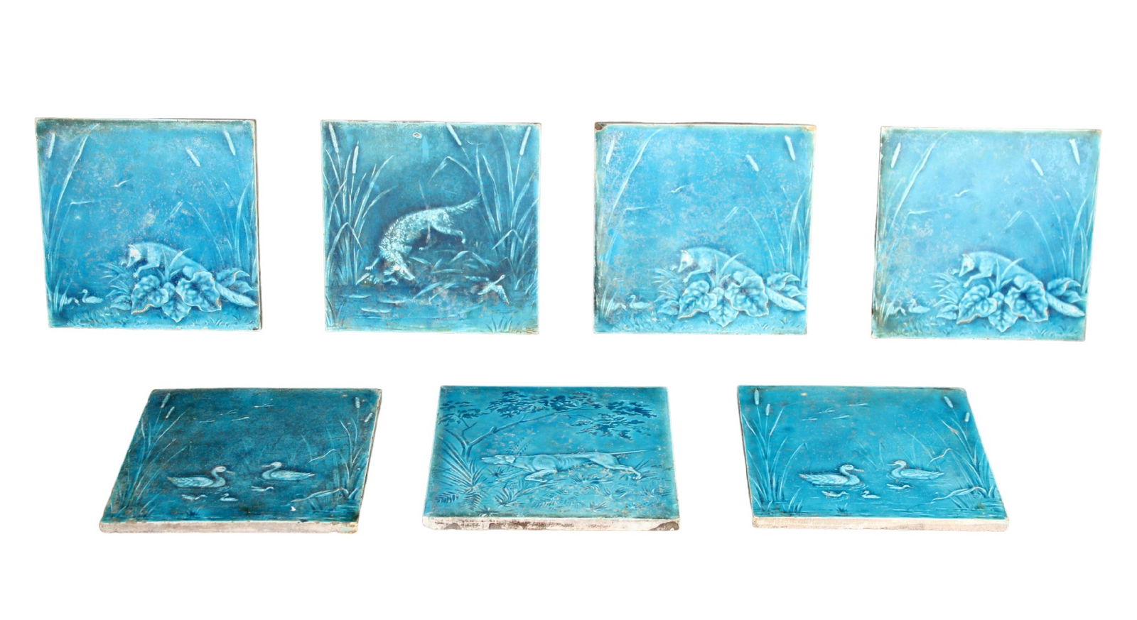 Lot of 7 English Minton & Hollins Co. Tile Works blue glazed hunt motif tiles (1 of 6)