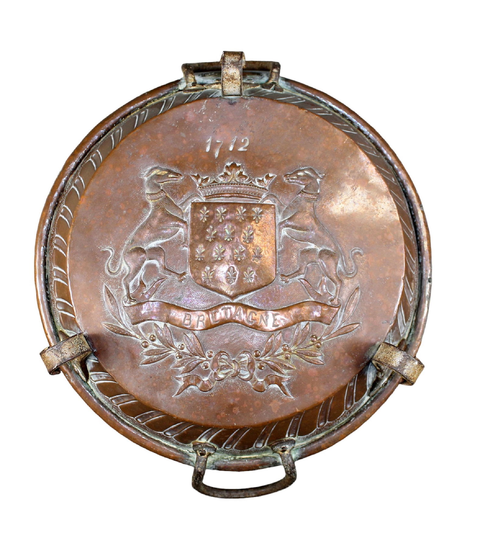 French copper pot on legs with embossed Crest of Brittany (1 of 8)