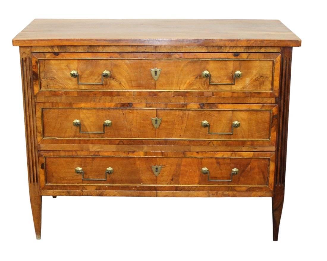 French Louis XVI style commode in walnut with banded burled drawer fronts (1 of 8)