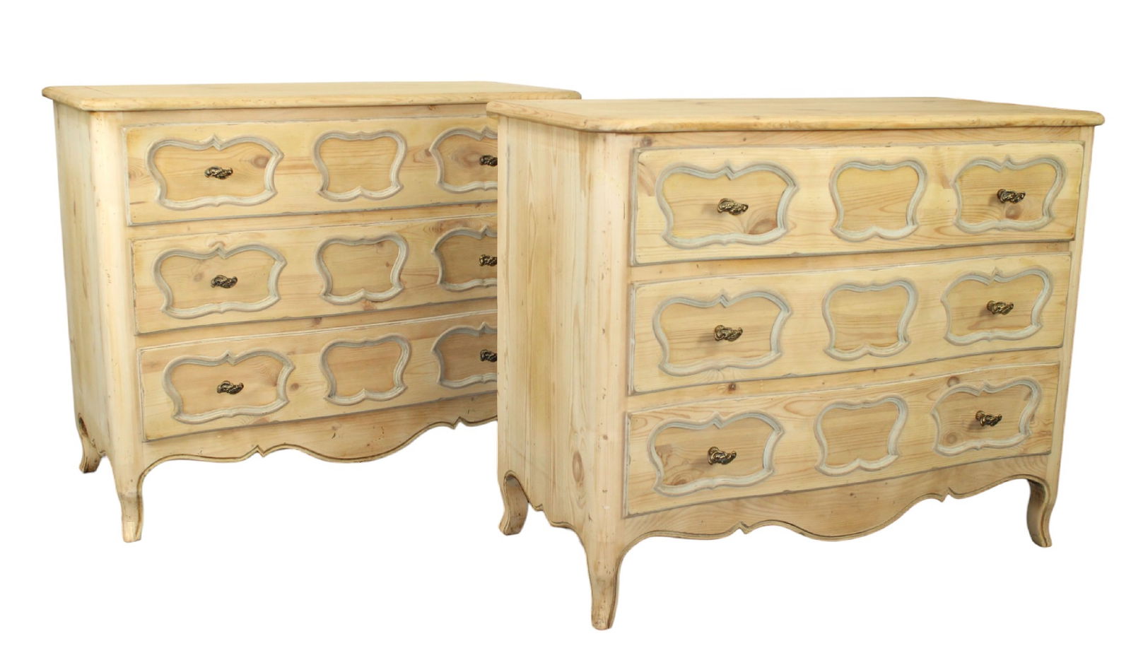 Pair Provincial stripped pine 3 drawer commodes: Pair Provincial stripped pine 3 drawer commodes. Late 20th century. 37 5/8" h x 46 3/8" w x 22 3/8" d