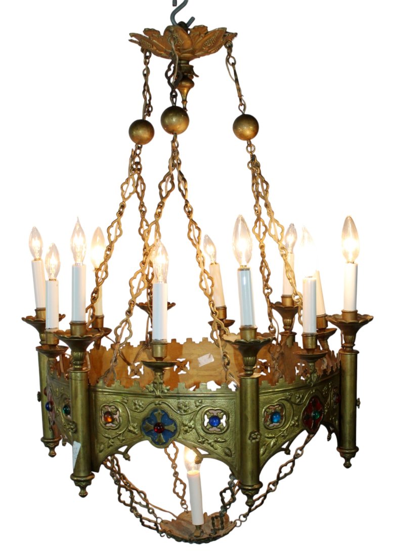 French Neo Gothic chandelier in gilt bronze with jewels (1 of 10)