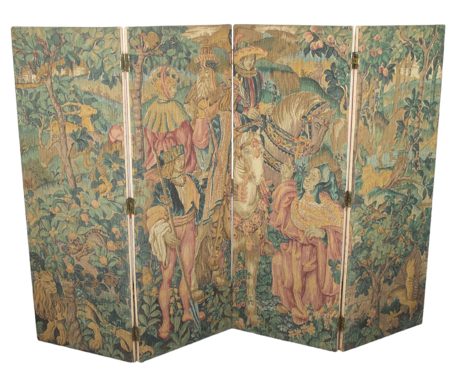 French 4 panel printed tapestry with noble couple on horseback (1 of 15)