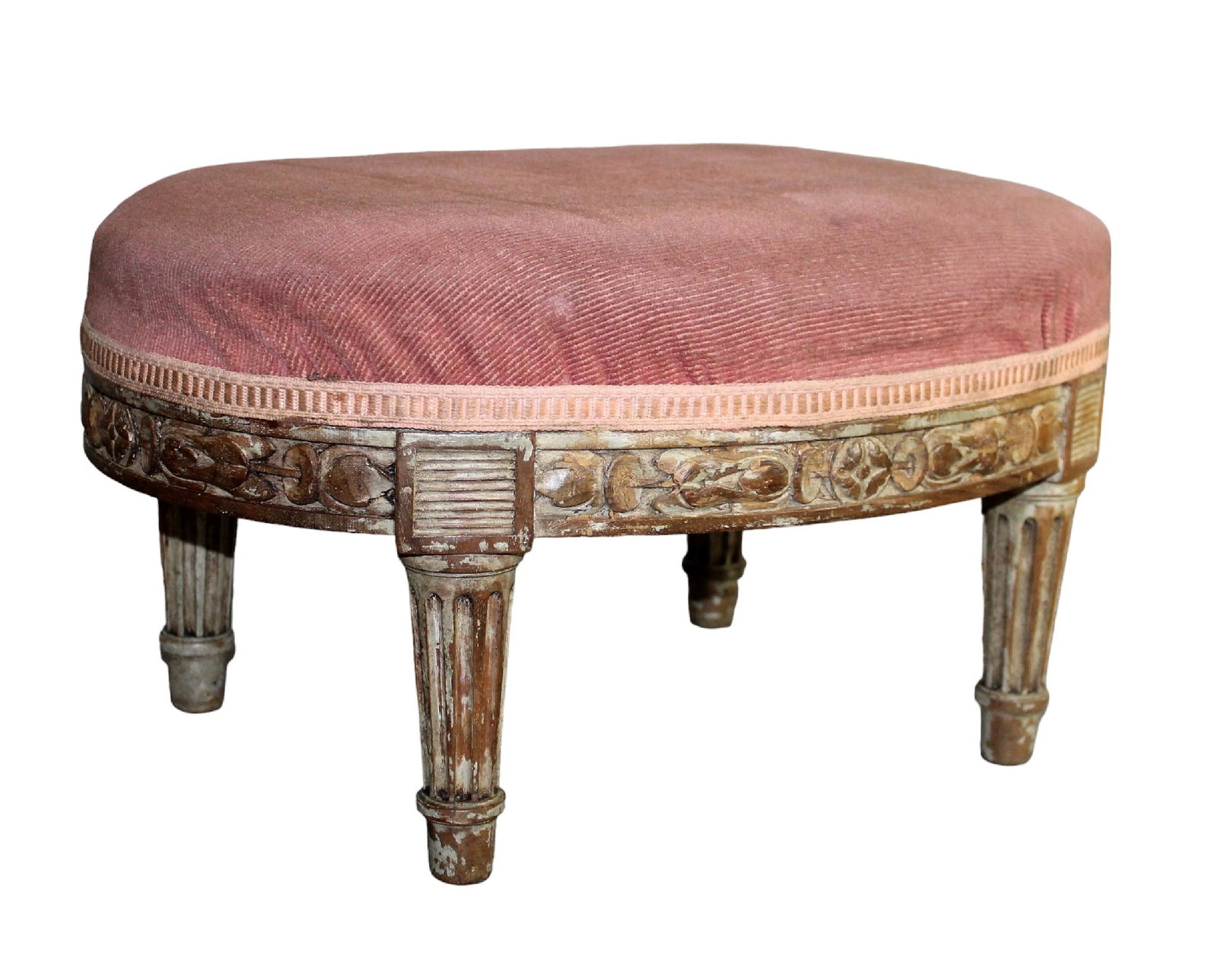 French Louis XVI style petite oval footstool: French Louis XVI style petite oval footstool. Early 20th century. 8 3/4"h x 16 1/4"w x 12 1/8"d Weight: 5lbs