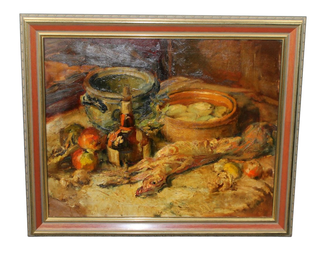 Oil on canvas painting by Victor Simonin (Belgian, 1877-1946) still life of game and wine: Oil on canvas painting by Victor Simonin (Belgian, 1877-1946) still life of game and wine, signed l/r. Overall: 31 1/2"h x 37 3/4"w Sight size: 25"h x 31 3/8"w Weight: 10lbs