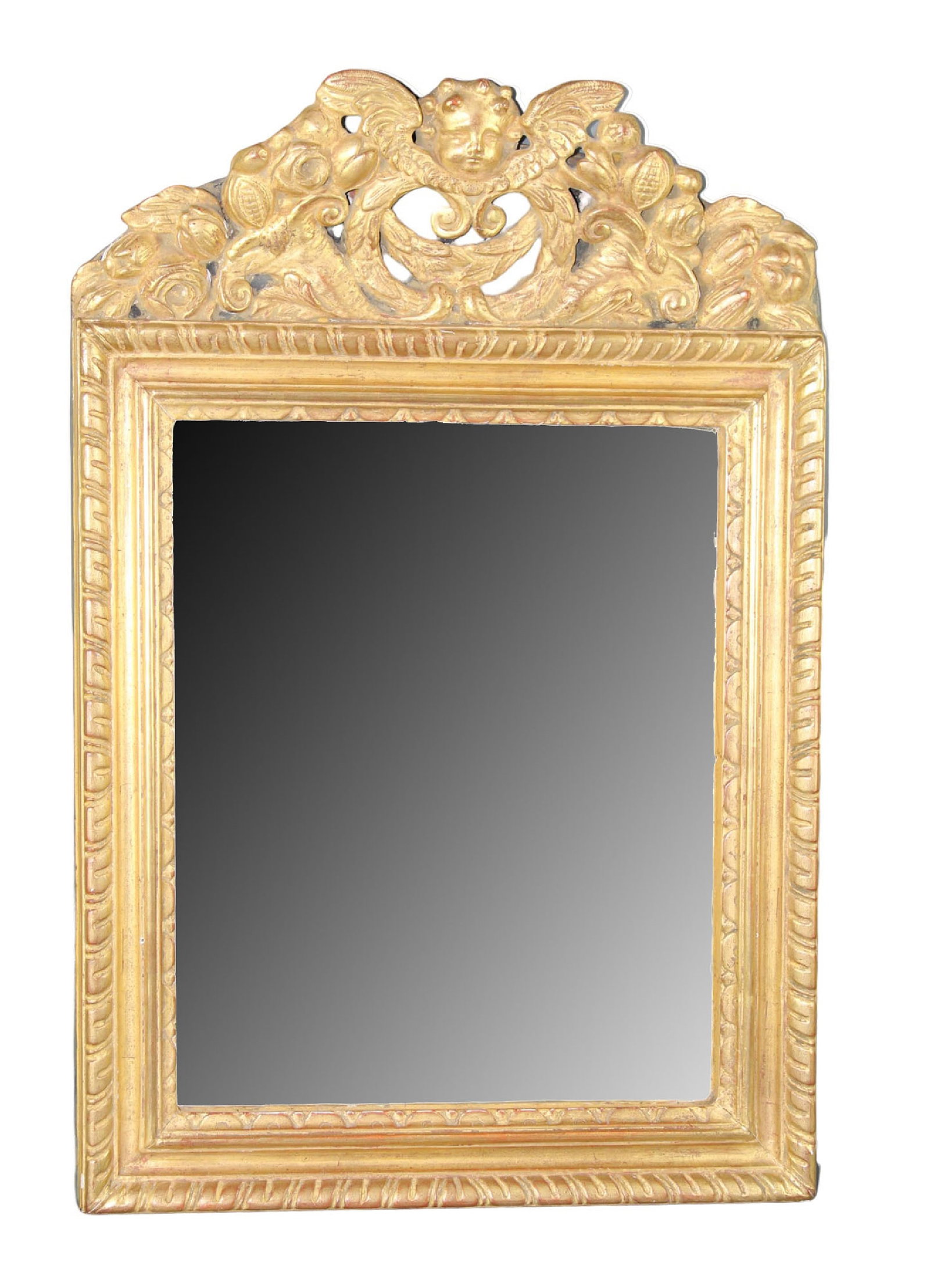 Italian gilt wood mirror with cherub mask.: Italian gilt wood mirror with cherub mask. Early 20th century. 26 1/8"h x 17 3/4"w Weight: 11lbs