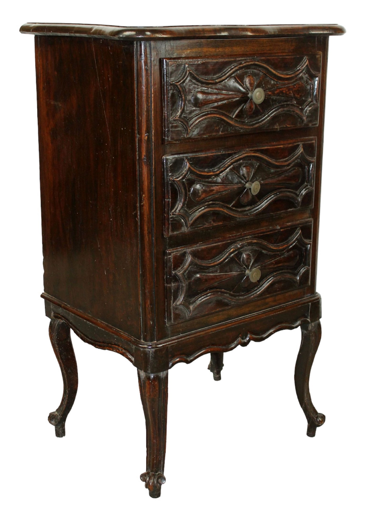 Italian 3 drawer small commode in carved walnut (1 of 7)