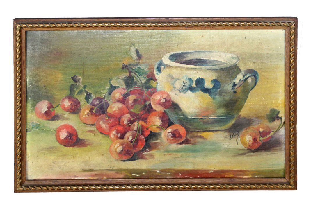 French oil on board still life painting with jug and cherries (1 of 6)
