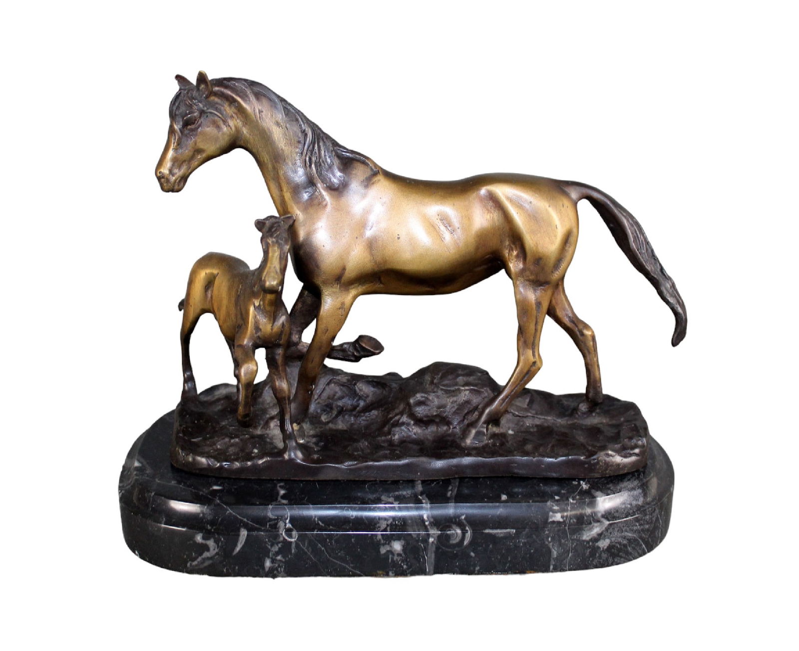 Bronze mare and foal statue on marble base after artist design Jules Moigniez (French, 1835-1894): Bronze mare and foal statue on marble base after artist design Jules Moigniez (French, 1835-1894). Base marked "By Jules Moigniez" Late 20th century. 8 1/2"h x 5 3/4"w x 10 5/8"d Weight: 12lbs