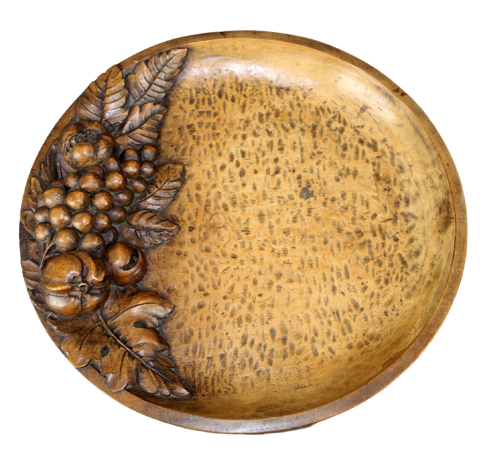 French round tray in walnut with relief carved fruits (1 of 8)